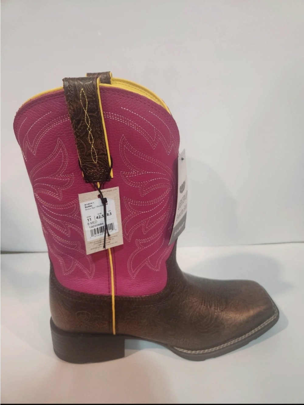 Ariat /Pink and Brown Western Boots with Yellow Trim / women size 11